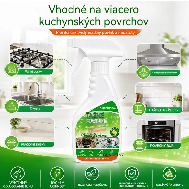 ✨ Silný odmasťovač na kuchyňu — účinne odstráni pripálený tuk, usadený karbón a odolnú špinu z varnej dosky, digestora a kuchynského riadu.
