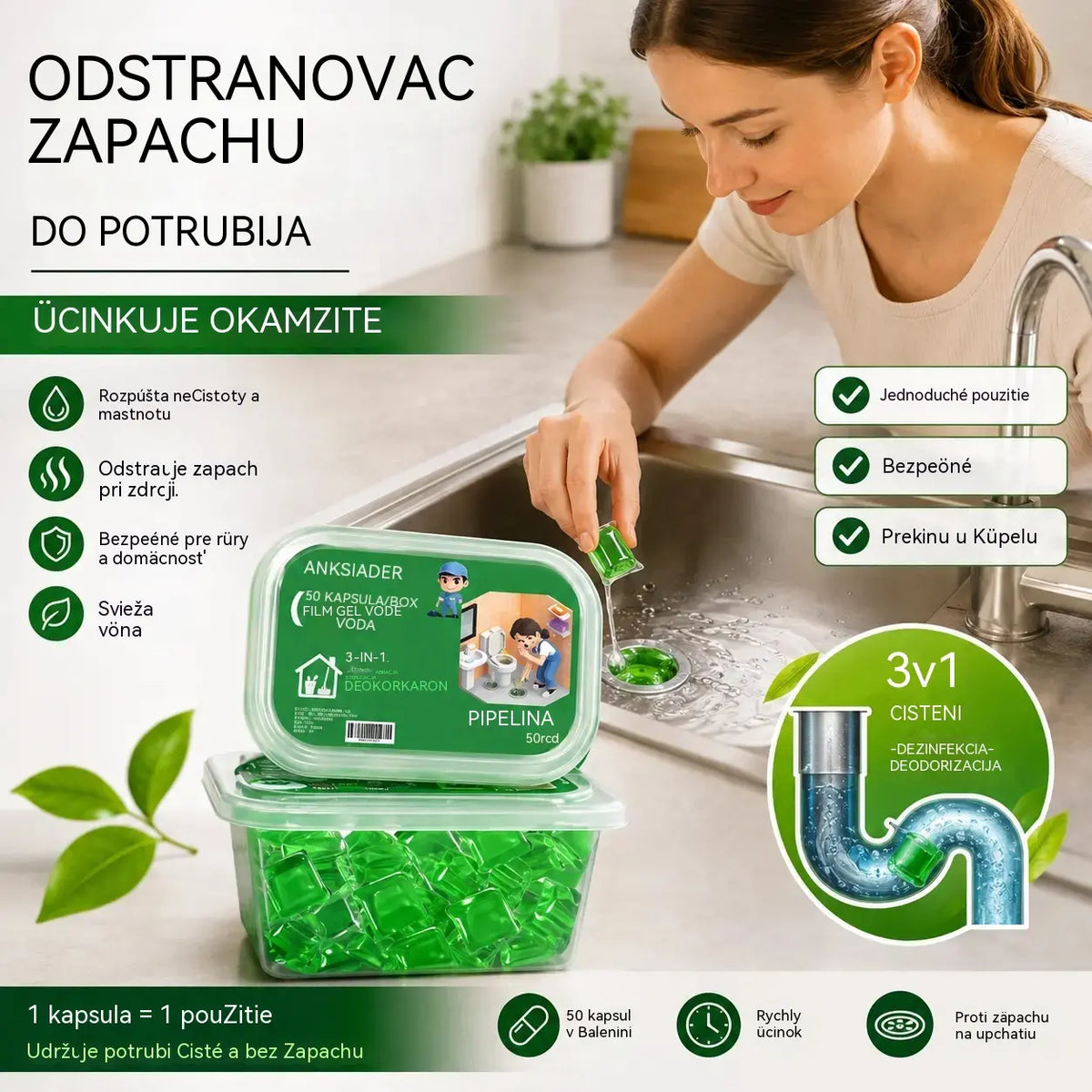 2 pakiranja (100 tableta) za 24 eura.. Kapsule topljive u vodi za uklanjanje mirisa iz odvoda – savršeno rješenje za sprječavanje širenja neugodnih mirisa u kupaonicama i kuhinjama.