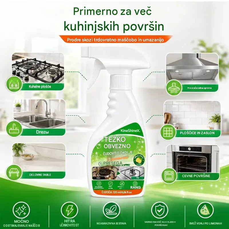 ✨ Močan razmaščevalec za kuhinjo – učinkovito odstrani zažgano maščobo, ogljikove usedline in trdovratno umazanijo s kuhalnih plošč, nap in kuhinjskih pripomočkov.