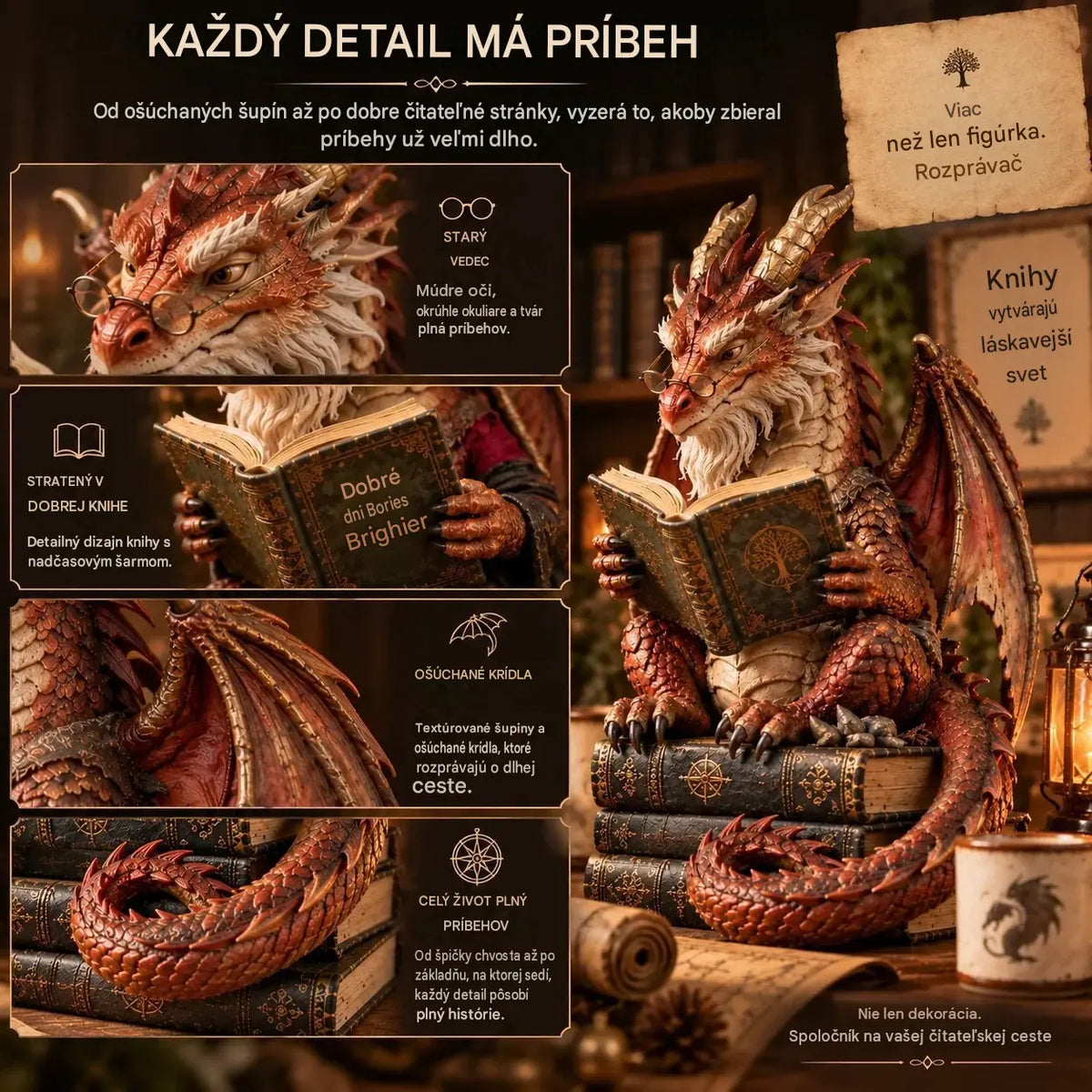 🐉 Ornament s drakom putujúcim učencom | Dekorácia pre milovníkov kníh