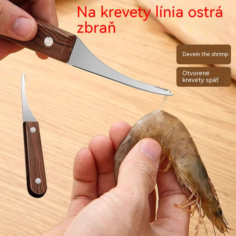 【6 nožov】Multifunkčný kuchynský nôž z nehrdzavejúcej ocele s drevenou rukoväťou na šúpanie kreviet, odstraňovanie rybích čriev a odstraňovanie vajíčok z kreviet.