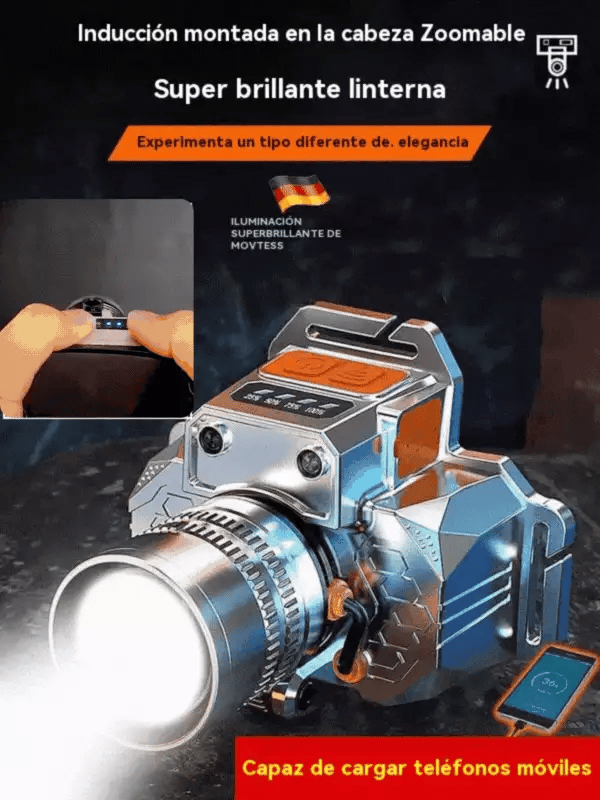 💡🎖️Ultrajasný LED čelovkový svietidlo s dlhým dosahom: nastaviteľný zoom, nabíjanie cez USB a možnosť nabíjania telefónu.