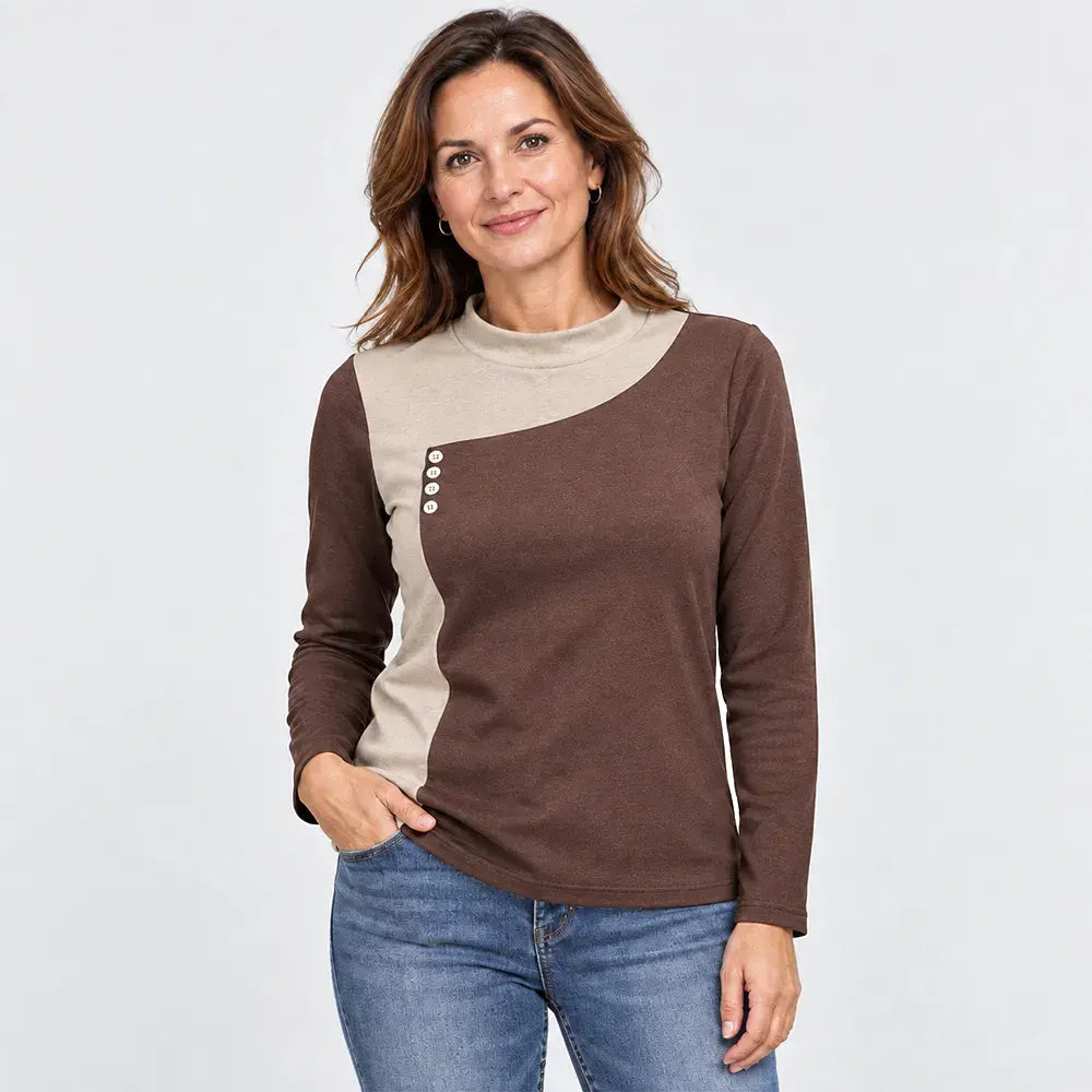 ✨【S-3XL / 6 farieb】Blúzka s jednofarebnými detailmi, stojačikom a ozdobnými gombíkmi (ľahký termo flís)