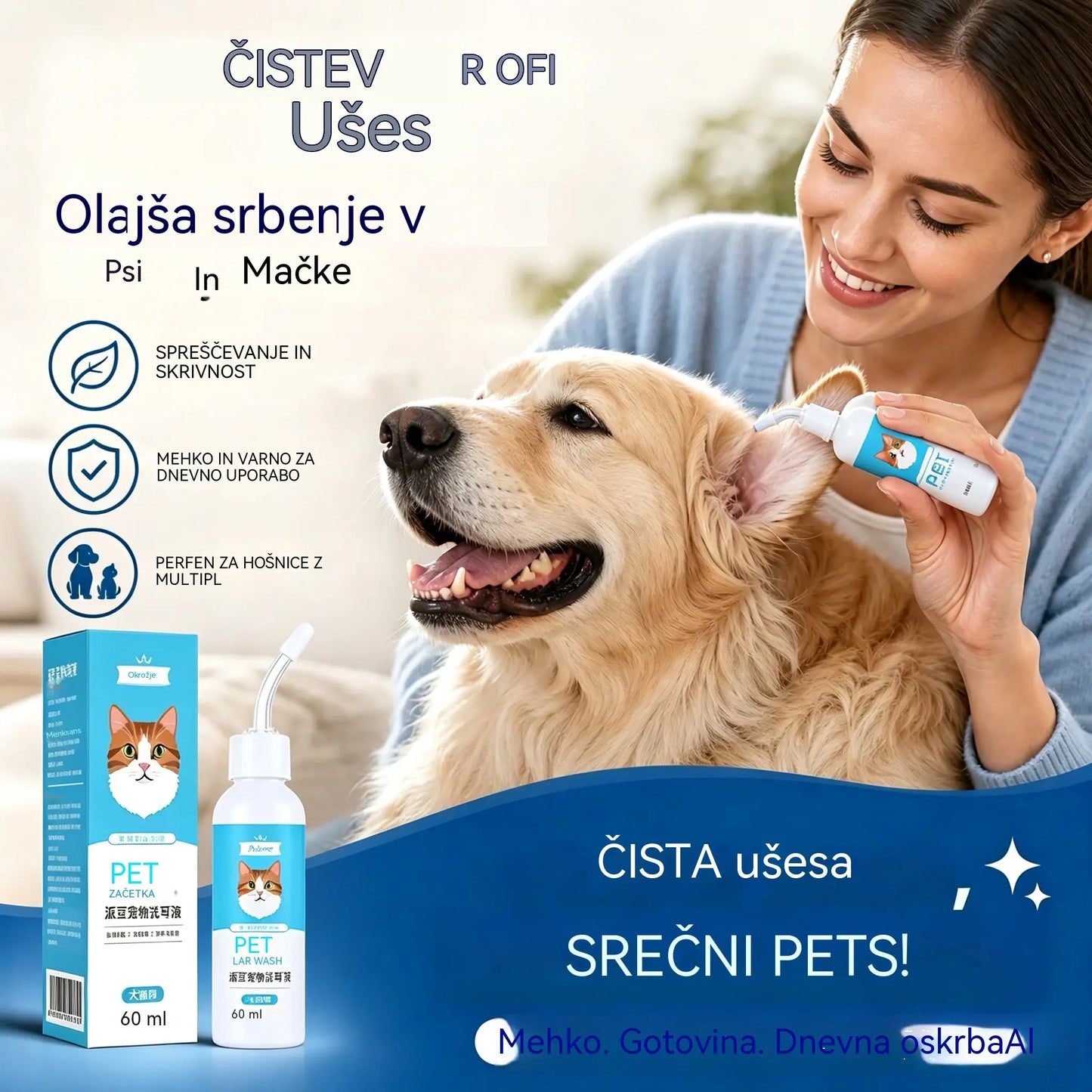 🐶🐱 Čistilo za ušesa za lajšanje srbečih ušes pri psih in mačkah.