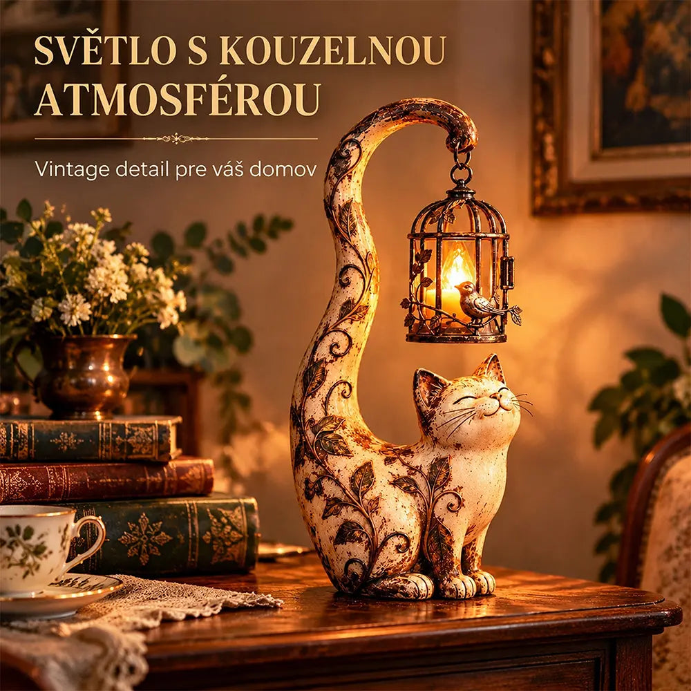 🐱💡Nočné svetlo v štýle vintage – mačka s vtáčou klietkou – kreatívna záhradná dekorácia