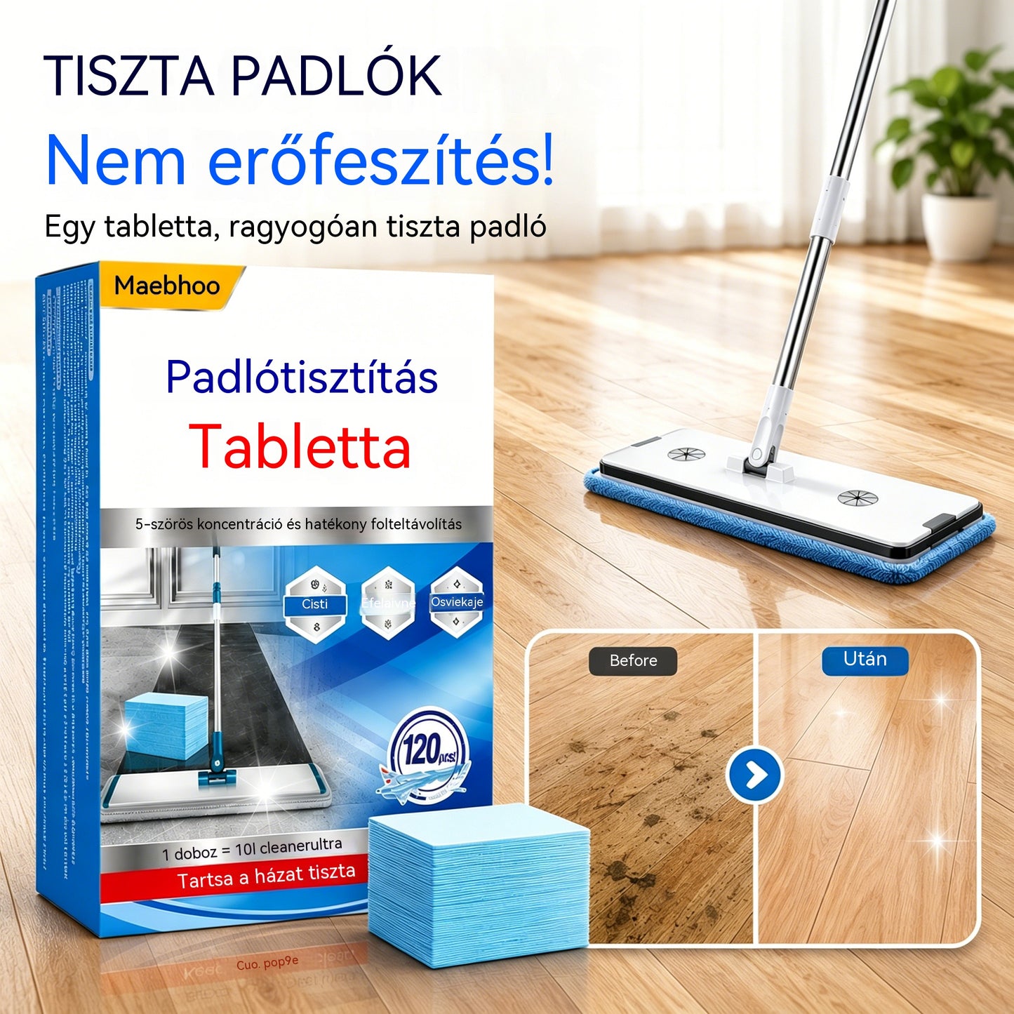 💦🏡【120 törlőkendő】Vízben oldódó padlótisztító kendők