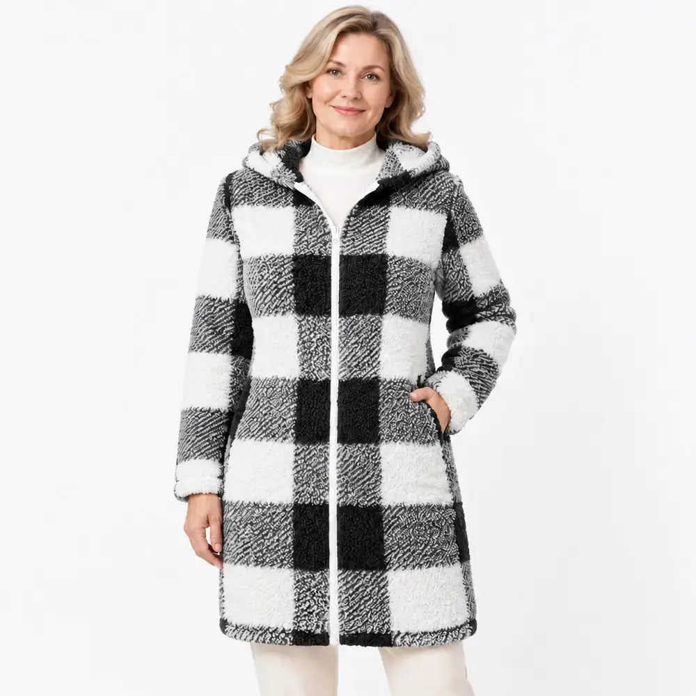 ✨【S-3XL】Dlhý obojstranný dámsky kardigán/kabát na zips – umelá kožušina a károvaný vzor (jeseň/zima)