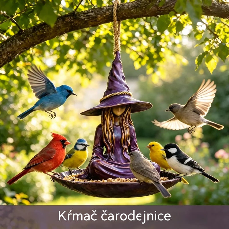 Závesné kŕmidlo pre vtáky „Meditujúca čarodejnica“, kreatívna a magická dekorácia do záhrady, na terasu a do dvora, odolný materiál