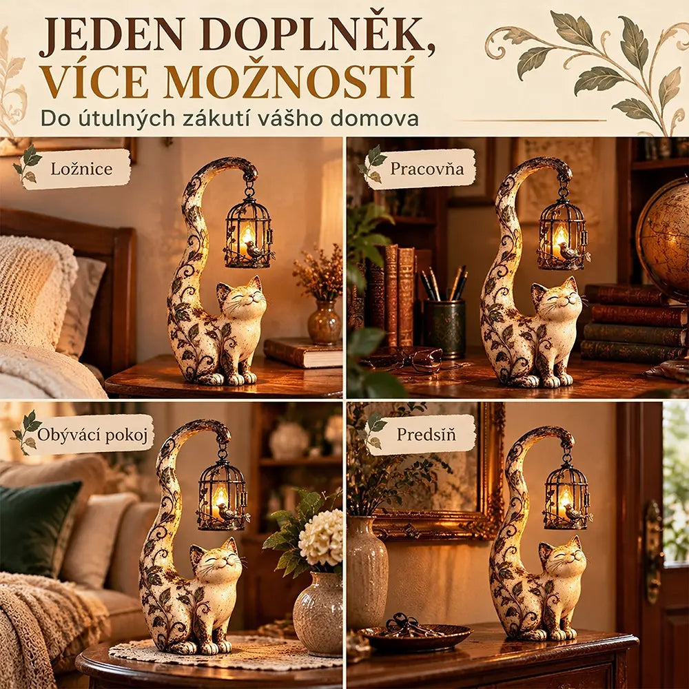 🐱💡Nočné svetlo v štýle vintage – mačka s vtáčou klietkou – kreatívna záhradná dekorácia
