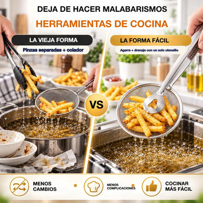 🍟🍗【Kúpte 1 a získajte 2 zadarmo】Kliešte a pavúkovitá naberačka 2 v 1: nerezový nástroj na vyprážanie a odkvapkávanie