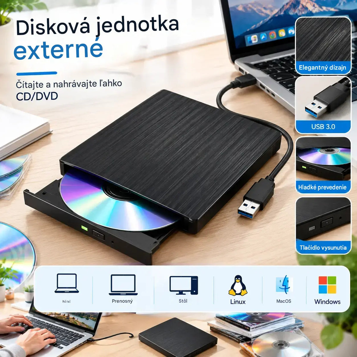 📢📢 Zľava 50 %! 💿💻 Externá CD/DVD mechanika: Plug & Play, prenosná a kompatibilná so systémom Mac/Windows