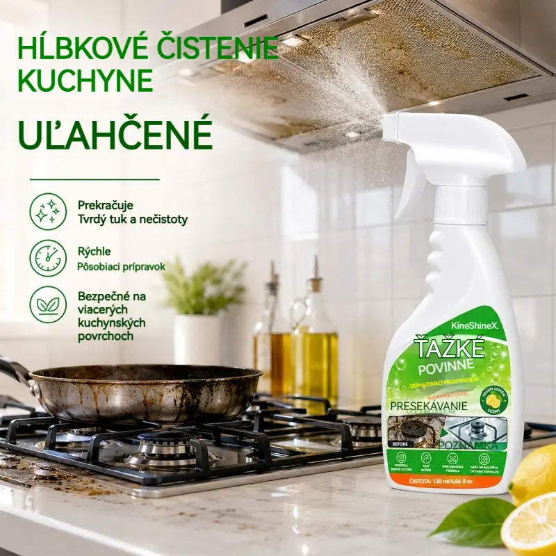 ✨ Silný odmasťovač na kuchyňu — účinne odstráni pripálený tuk, usadený karbón a odolnú špinu z varnej dosky, digestora a kuchynského riadu.