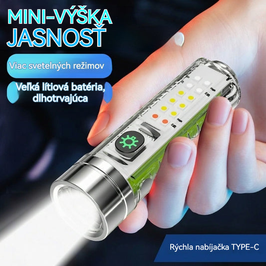 👍👍Kompaktné svietidlo s vysokou intenzitou svetla, multifunkčným bočným svetlom, rýchlym nabíjaním cez USB-C, prenosnosťou a dlhou výdržou batérie.