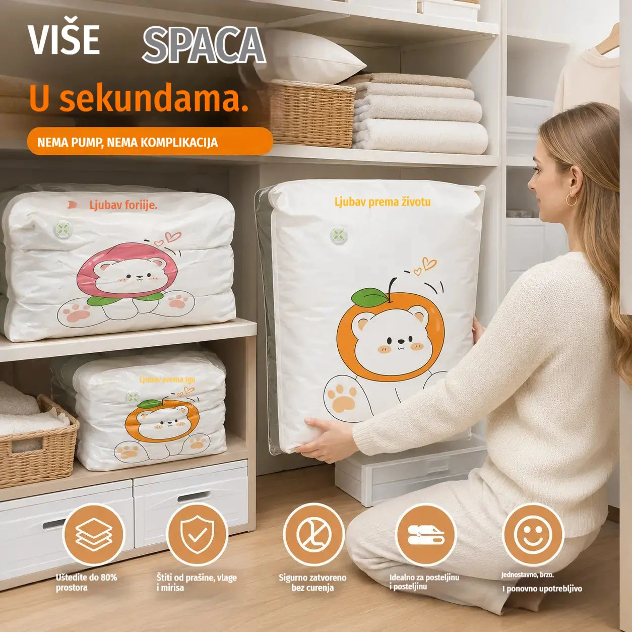 ✨🗃️ Set od 5 💨 Velike kompresibilne vrećice za pohranu: Nije potrebna zračna pumpa, nepropusne, idealne za uštedu prostora u koferu i kod kuće ✈️