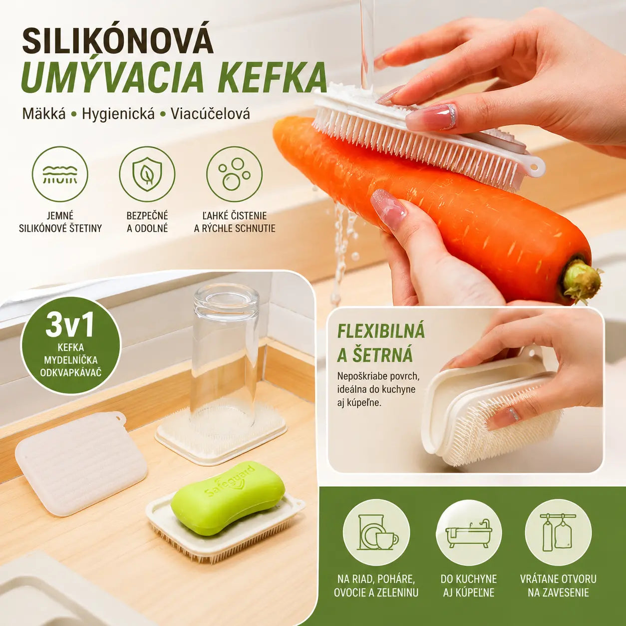 🍎👍【1 sada za 5 ks.】Kuchynská čistiaca kefa z mäkkého silikónu
