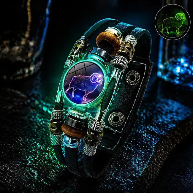 🌙 Luminiscenčný kožený náramok so zverokruhom – 3-vrstvový pletený, nastaviteľná dĺžka, unisex 💫✨