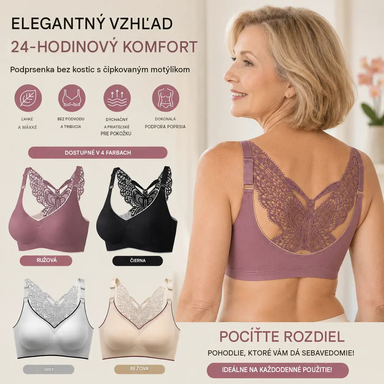 💞【4-dielna sada】🎁Podprsenka bez kostic s výšivkou a motýľmi - bez kostic, celodenná opora✨【45~125 kg】