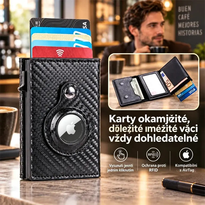 💰Peňaženka na karty s funkciami proti krádeži a demagnetizácii; zahŕňa RFID ochranu a možnosť sledovania pomocou AirTagu.