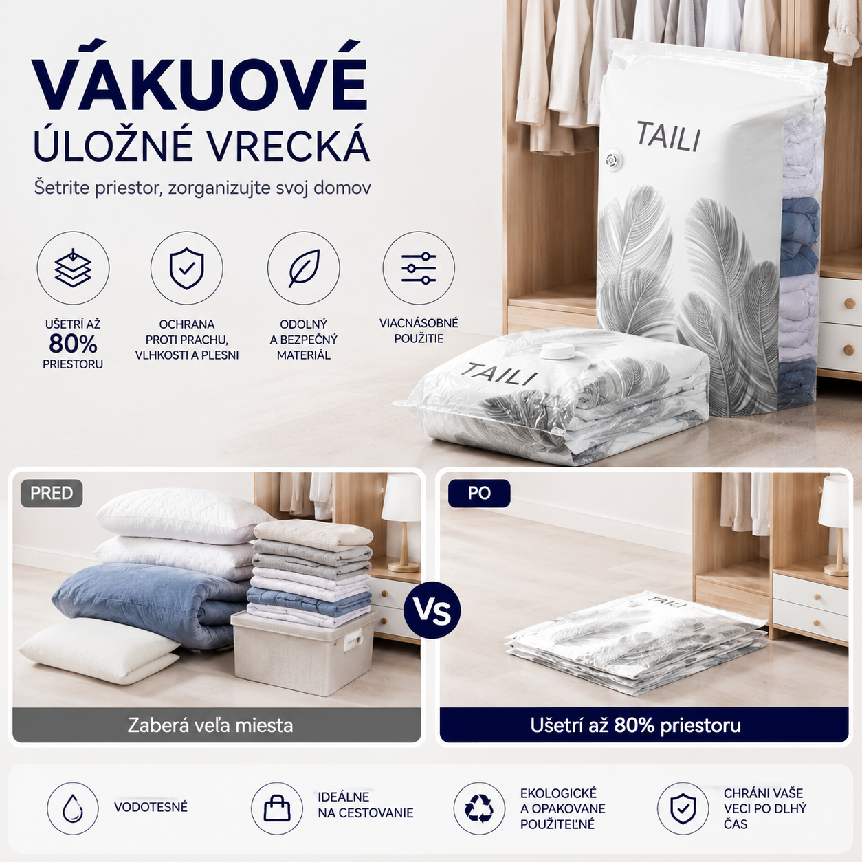 🧳【56*80 cm】【5-dielna sada】💨 Vákuové úložné vrecká s veľkou kapacitou, stlačiteľné: Nie je potrebné žiadne vzduchové čerpadlo, nepriepustné, ideálne na úsporu miesta v kufri a doma ✈️