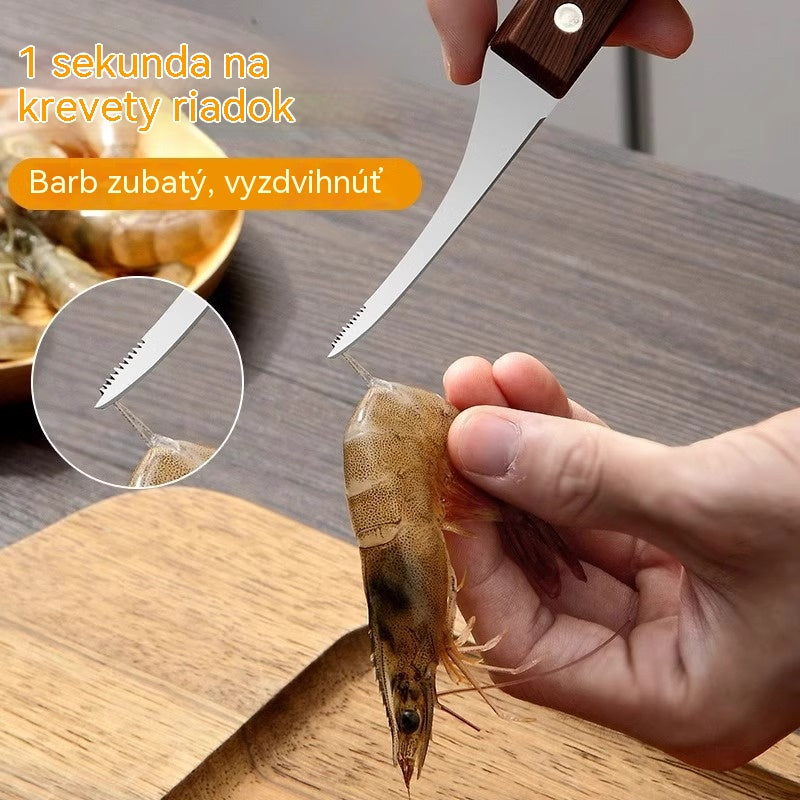 【6 nožov】Multifunkčný kuchynský nôž z nehrdzavejúcej ocele s drevenou rukoväťou na šúpanie kreviet, odstraňovanie rybích čriev a odstraňovanie vajíčok z kreviet.