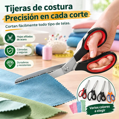 Tijeras profesionales dentadas, adecuadas para costura, manualidades y proyectos de bricolaje cotidianos.