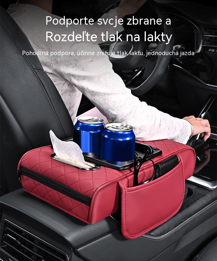 🚗Univerzálna kožená podložka na lakťovú opierku do auta 4 v 1 ✅ Vstavaná schránka na vreckovky ✅ Držiak pohára