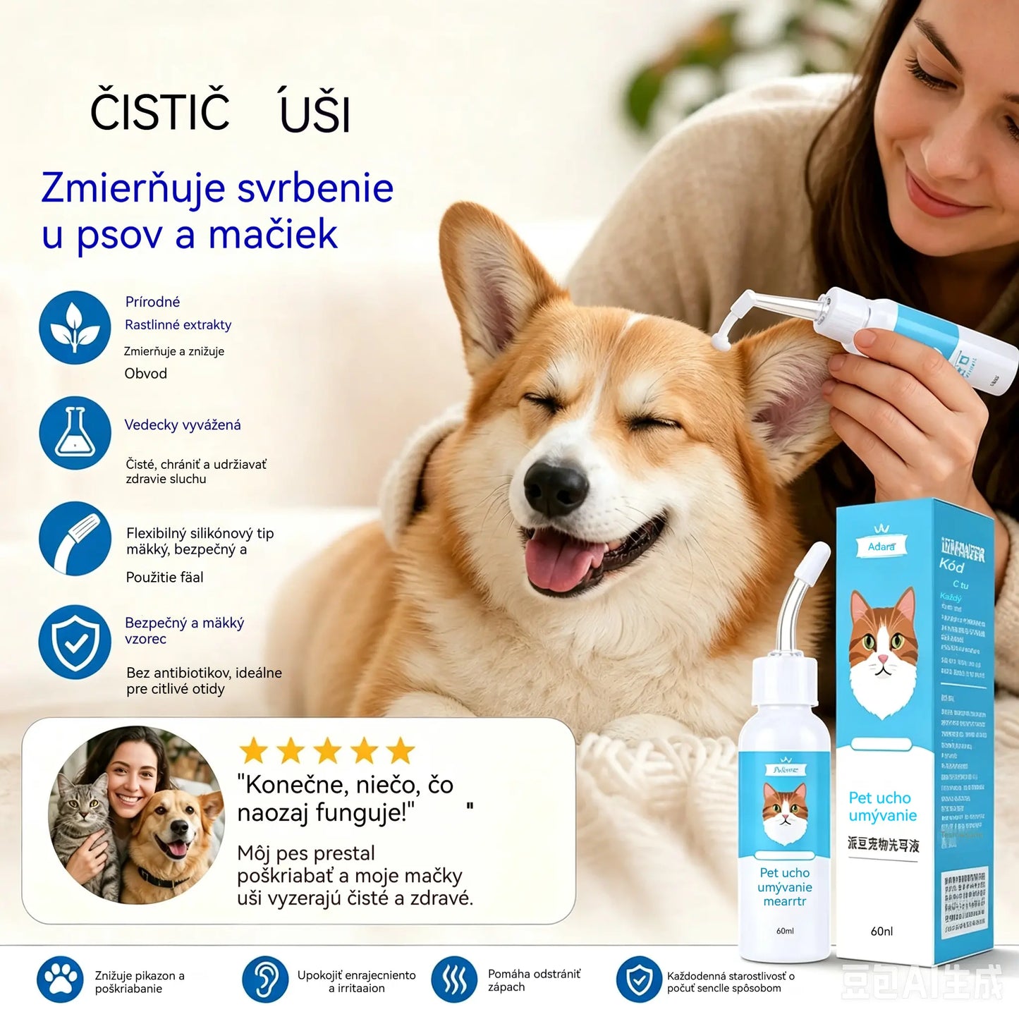 【2 fľaše】🐶🐱 Čistič uší na zmiernenie svrbenia uší u psov a mačiek.