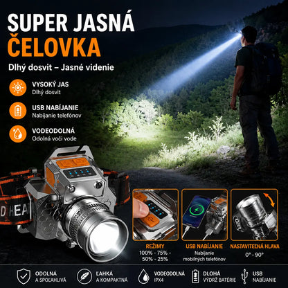 💡🎖️Ultrajasný LED čelovkový svietidlo s dlhým dosahom: nastaviteľný zoom, nabíjanie cez USB a možnosť nabíjania telefónu.
