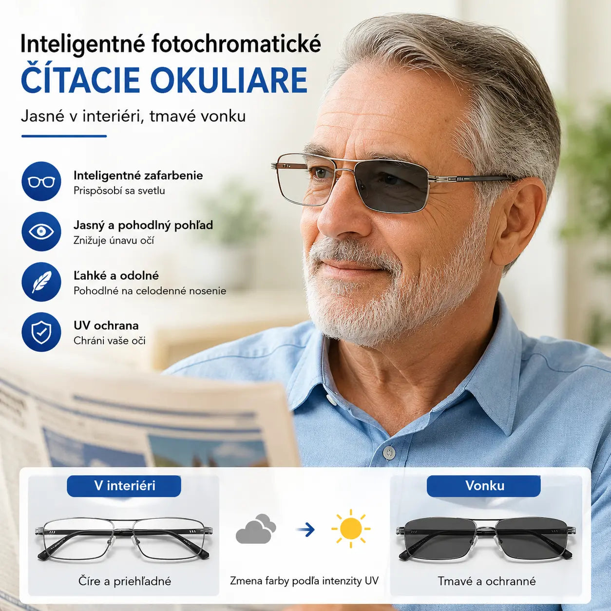 🔥【Získajte späť mladistvý zrak】Inteligentné fotochromatické okuliare na čítanie s vysokým rozlíšením a ochranou proti modrému svetlu