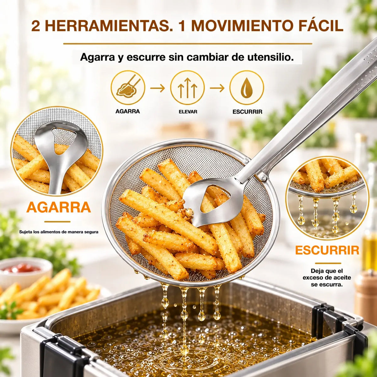 🍟🍗【Kúpte 1 a získajte 2 zadarmo】Kliešte a pavúkovitá naberačka 2 v 1: nerezový nástroj na vyprážanie a odkvapkávanie