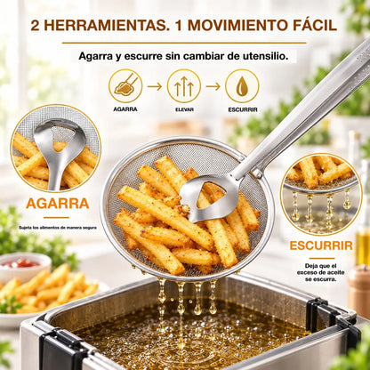 🍟🍗【Kúpte 1 a získajte 2 zadarmo】Kliešte a pavúkovitá naberačka 2 v 1: nerezový nástroj na vyprážanie a odkvapkávanie