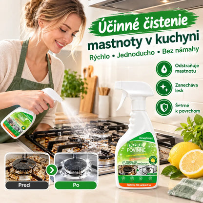 ✨ Silný odmasťovač na kuchyňu — účinne odstráni pripálený tuk, usadený karbón a odolnú špinu z varnej dosky, digestora a kuchynského riadu.