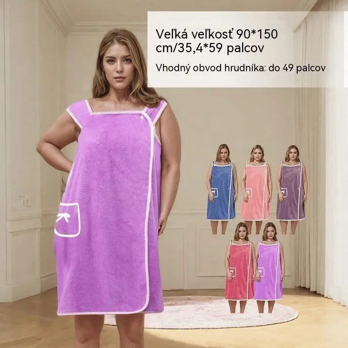 【80*145CM】🛀Dámska nositeľná sprchová sukňa pre väčšie veľkosti – bezpečný dizajn s 2 gombíkmi, super mäkký koralový flís a rýchloschnúca savosť – úplné krytie, ktoré drží na mieste, žiadne nepríjemné kvapky uteráka 🚿