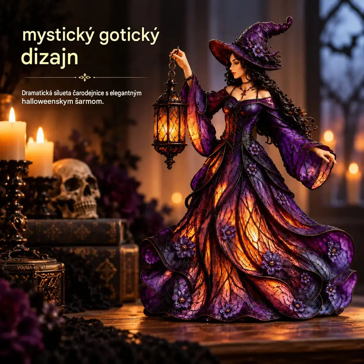 🧙‍♀️ Gotická halloweenska figúrka čarodejnice s LED lampášom 🧙‍♀️