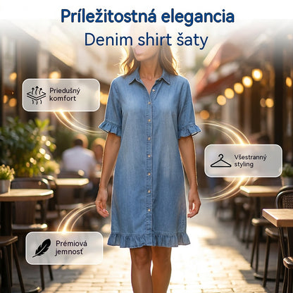 Džínsové košeľové šaty voľného strihu s volánikmi