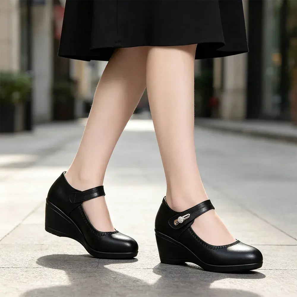 👠【Vysokokvalitná pravá koža】Elegantné topánky na platforme s klinovým podpätkom