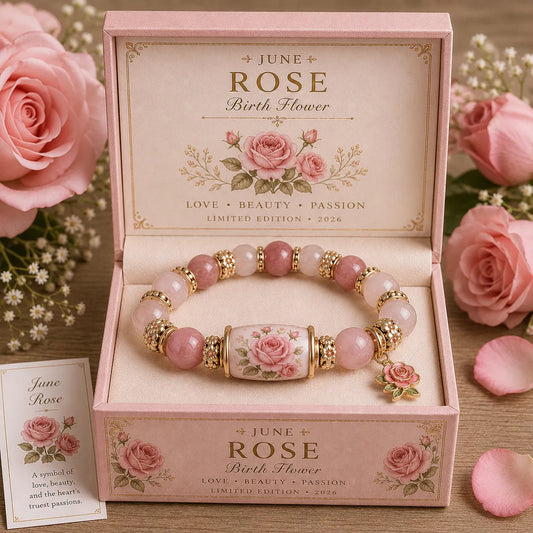 🔥【Kúp 1 a získaj 1 zadarmo】🎁✨Náramok s kvetmi k narodeninám v decembri, prívesok s kvapkou oleja z zliatiny a ružou v kombinácii s náramkom z chalcedónu🌸