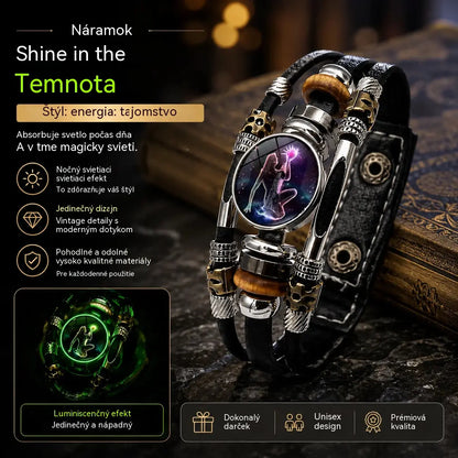 🌙 Luminiscenčný kožený náramok so zverokruhom – 3-vrstvový pletený, nastaviteľná dĺžka, unisex 💫✨