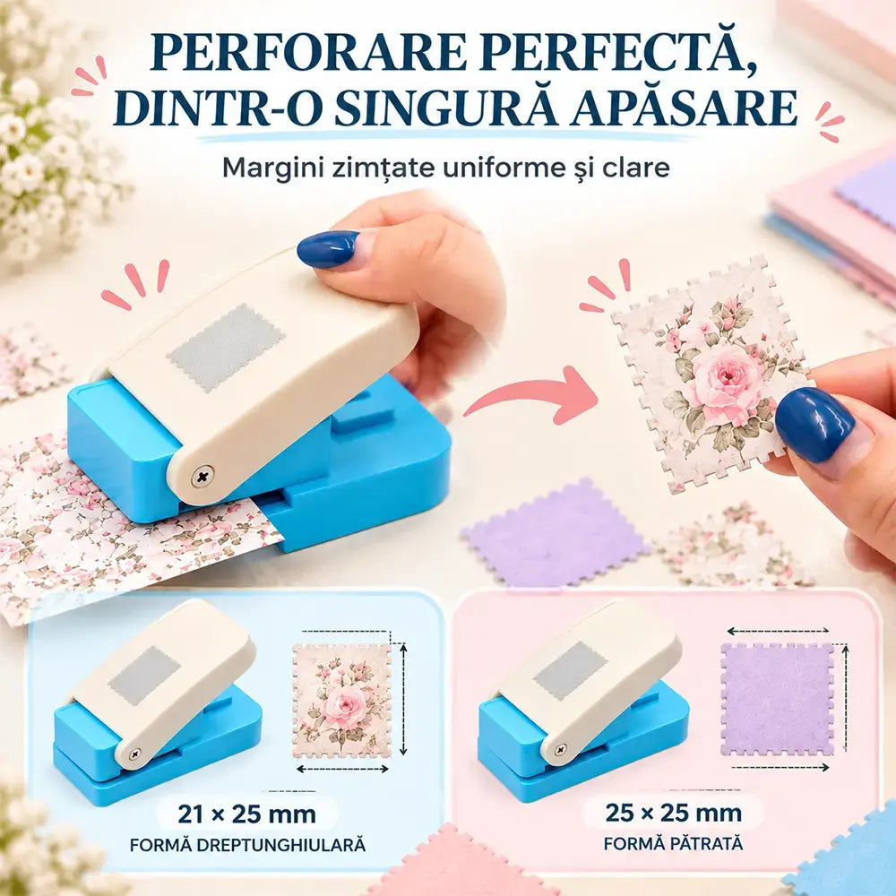 ✂️ Dierovač na okraje známok · Jedným stlačením vytvoríte presný okraj · Odolný kovový mechanizmus · Ideálny na scrapbooking, blahoželania a fotoalbumy!