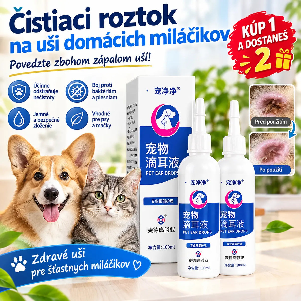 🐶🐱 【Kúp 1 a 1 zadarmo】2 fľaše za 21 eur --Univerzálne ušné kvapky pre mačky a psy - Odstraňuje ušné roztoče, čistí zvukovody, potláča rast baktérií a eliminuje zápach.