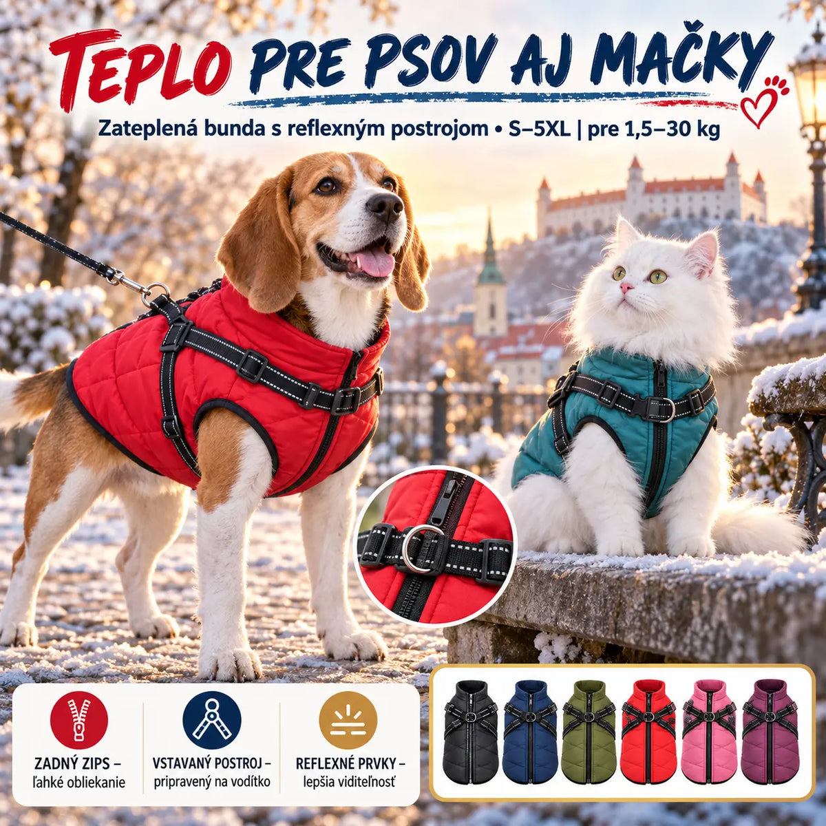 🐱🐶❄️【Kúp 1, získaj 1 zadarmo】Teplá zateplená bunda pre psov a mačky – vodeodolná, s reflexnými prvkami a integrovaným postrojom. Veľkosti S-5XL pre všetky plemená! ✨