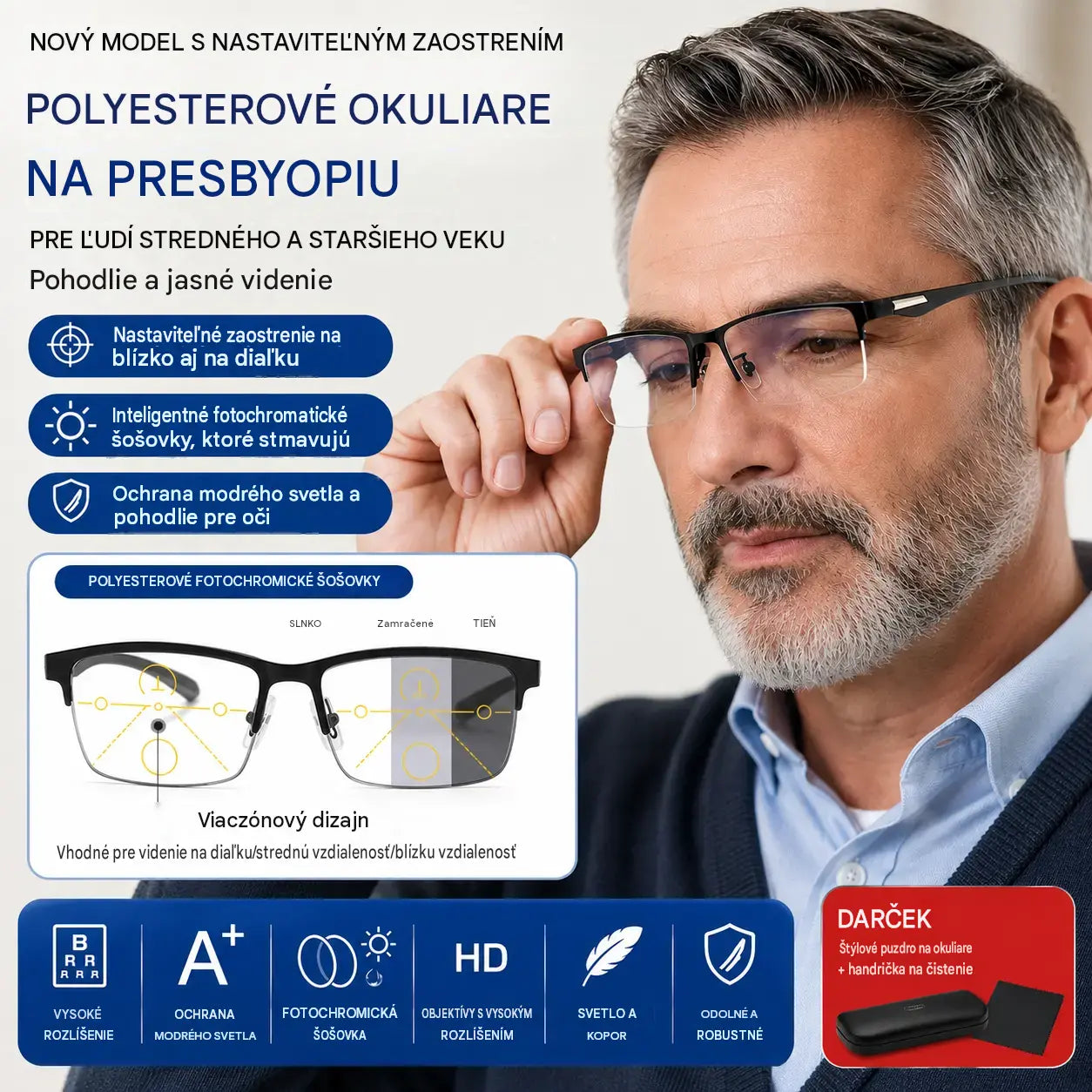 Nova očala za presbiopijo s pol okvirjem, primerna za ljudi srednjih let in starejših, s funkcijo povečave, multifokalna, svetlobno občutljiva, spreminjajo barvo in blokirajo modro svetlobo.