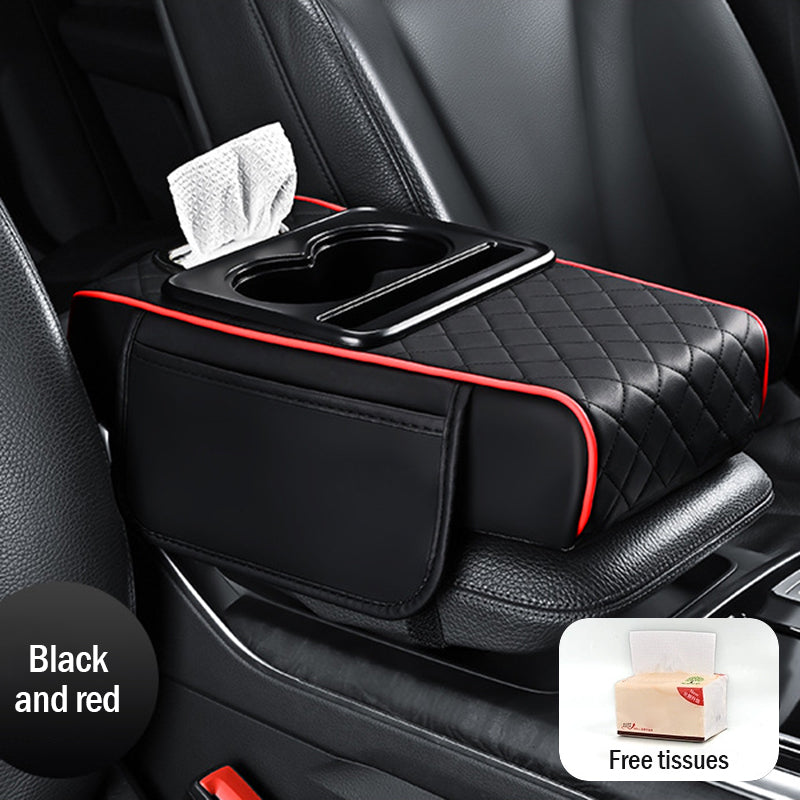 🚗Univerzálna kožená podložka na lakťovú opierku do auta 4 v 1 ✅ Vstavaná schránka na vreckovky ✅ Držiak pohára