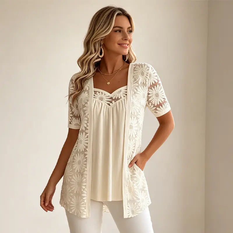 👚 Eleganten mrežasti top 2 v 1 s čipko – dizajn za uravnavanje in oblikovanje trebuha, na voljo v 5 barvah, velikostih S–4XL! 🌸✨