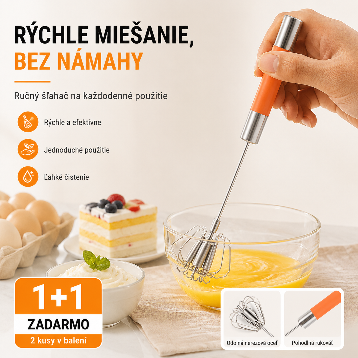 Poloautomatický šľahač vajec z nehrdzavejúcej ocele