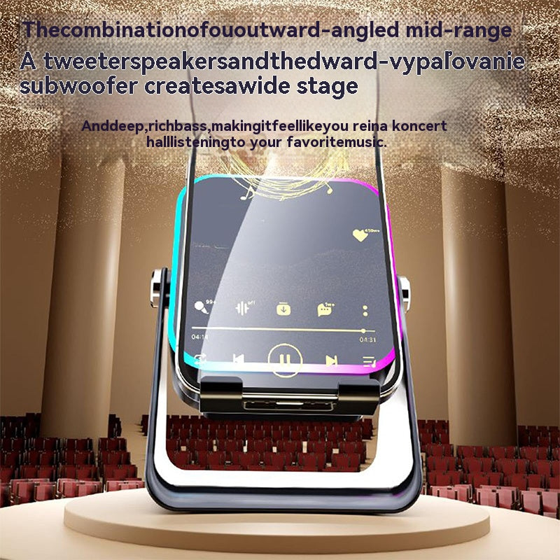 🔥📢【50 % ZĽAVA!】⚡ Bluetooth reproduktor 5 v 1 s bezdrôtovým nabíjaním a nastaviteľným držiakom na telefón 🎶