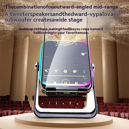 🔥📢【50 % ZĽAVA!】⚡ Bluetooth reproduktor 5 v 1 s bezdrôtovým nabíjaním a nastaviteľným držiakom na telefón 🎶
