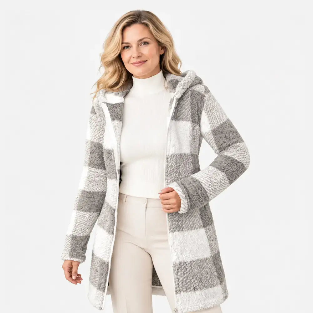 ✨【S-3XL】Dlhý obojstranný dámsky kardigán/kabát na zips – umelá kožušina a károvaný vzor (jeseň/zima)