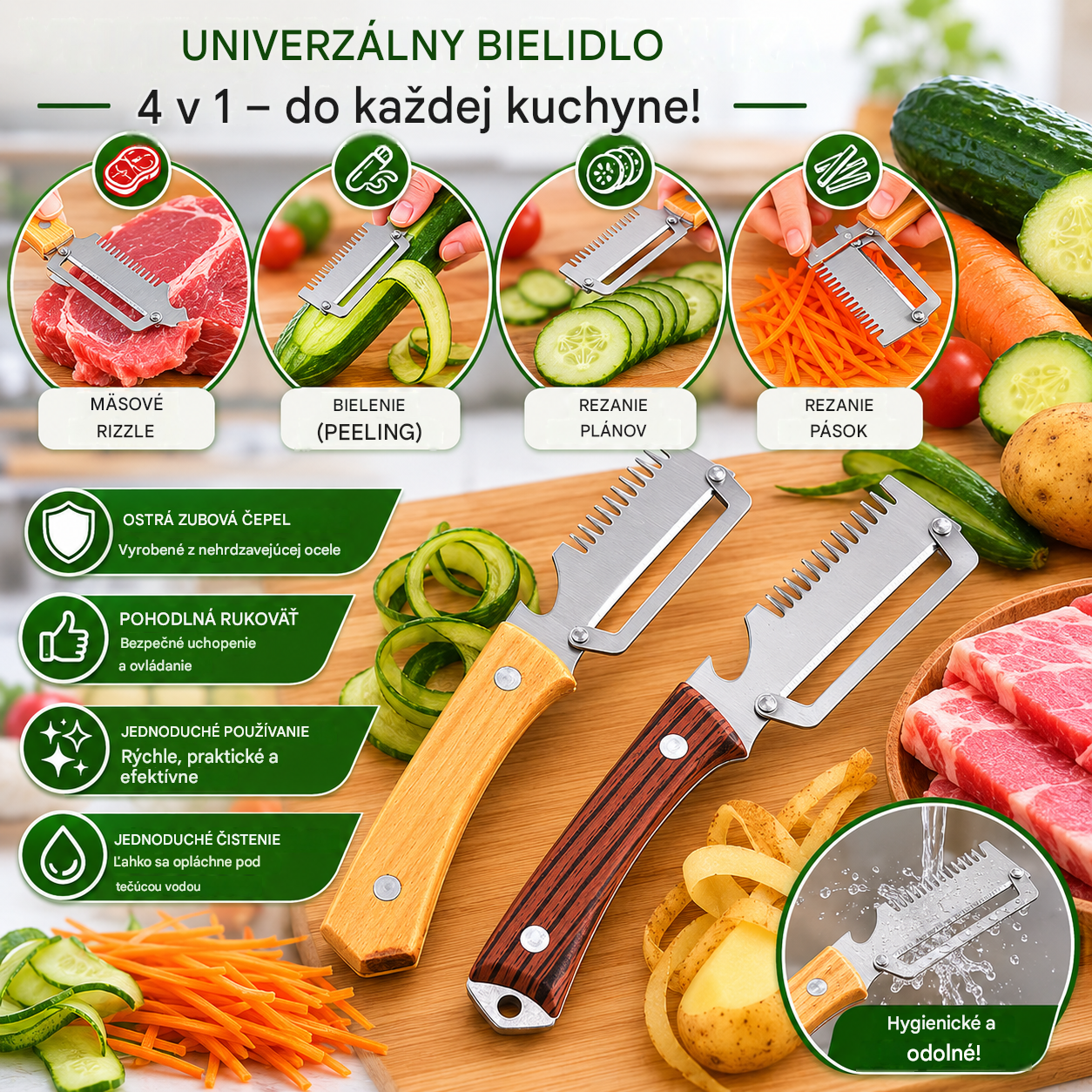 ✅Kúpte 1 a získajte 1 zadarmo (dva kusy)🧅🔪 Multifunkčná kuchynská škrabka 3 v 1: Šúpe, krája zeleninu, krája mäso, otvára fľaše! 🔥