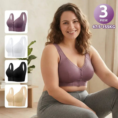 （3 ks）💕🎁【45 kg – 155 kg】Veľká, priedušná, mäkká bavlnená podprsenka s gombíkmi vpredu